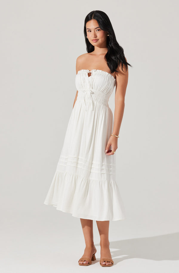 Astr The Label Aubrie Strapless Smocked Midi Dress