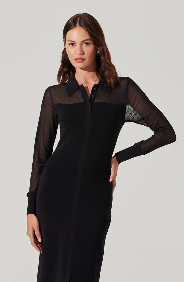 Astr The Label Contrast Mesh Collared Midi Dress