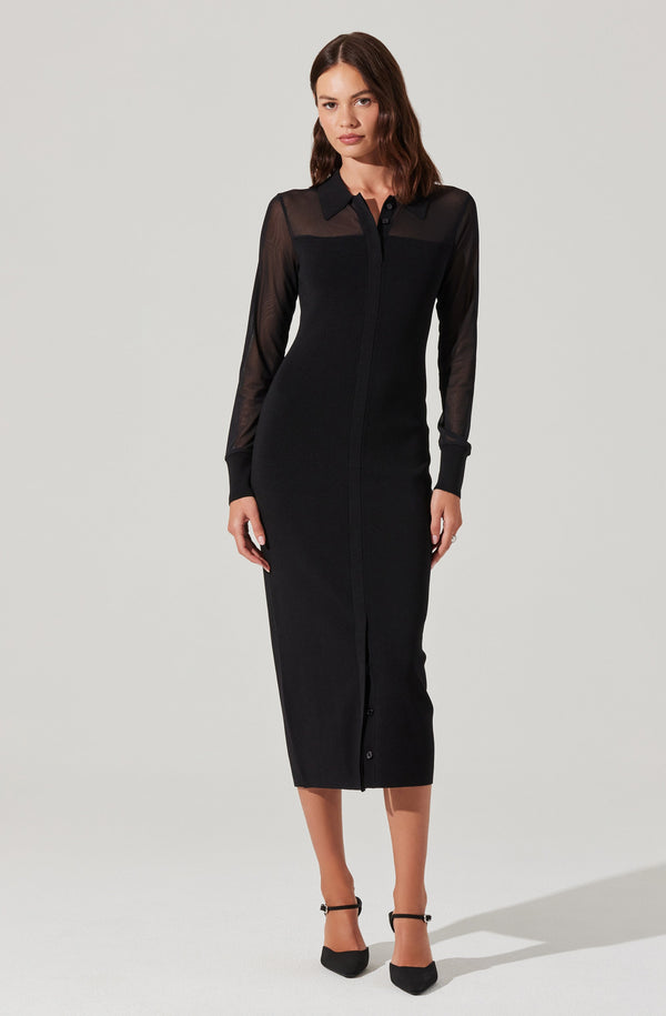 Astr The Label Contrast Mesh Collared Midi Dress