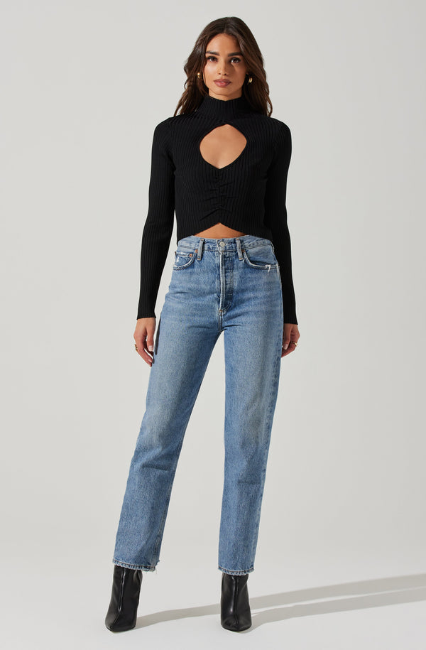 Astr The Label Elia Mock Neck Cutout Sweater