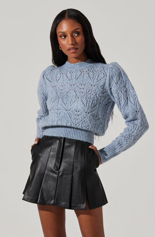 Astr The Label Evy Pointelle Puff Sleeve Sweater