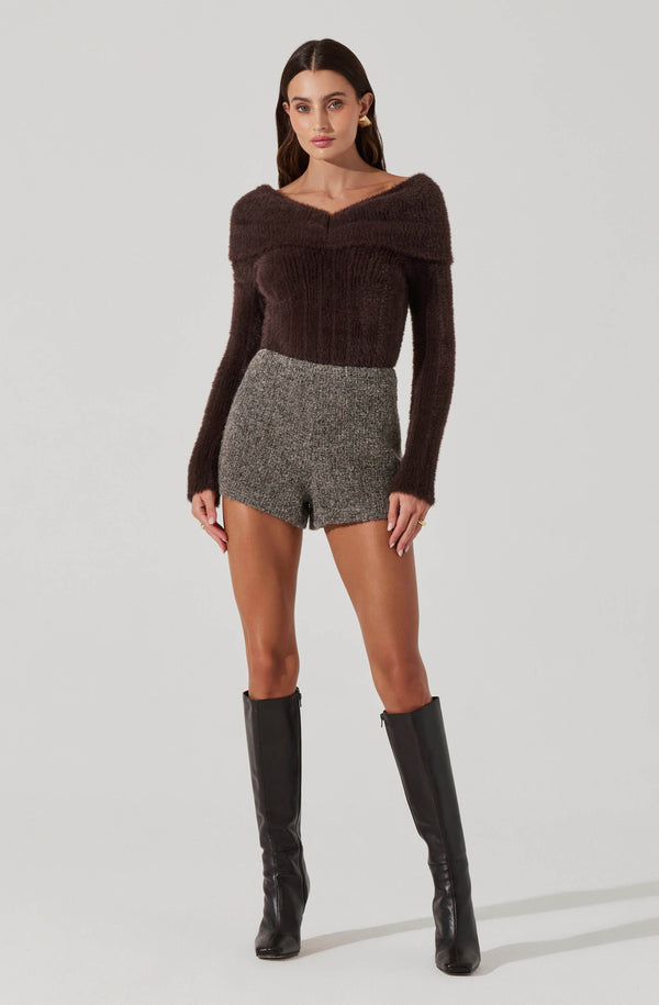 Astr The Label Fuzzy Knit Off Shoulder Sweater
