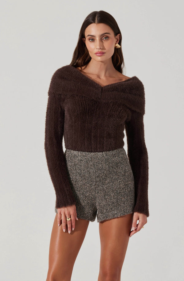 Astr The Label Fuzzy Knit Off Shoulder Sweater