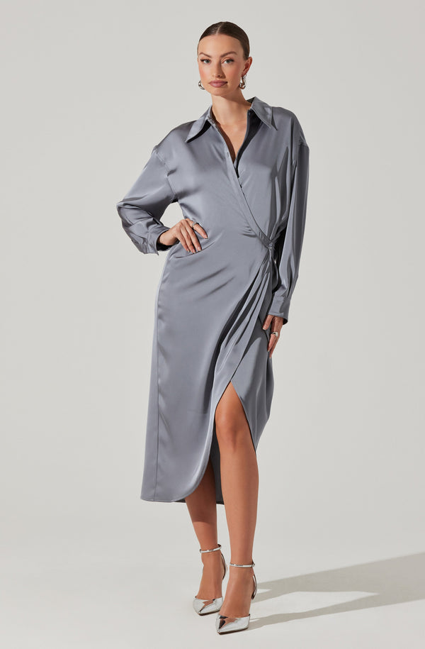 Astr The Label Ira Satin Wrap Shirt Dress