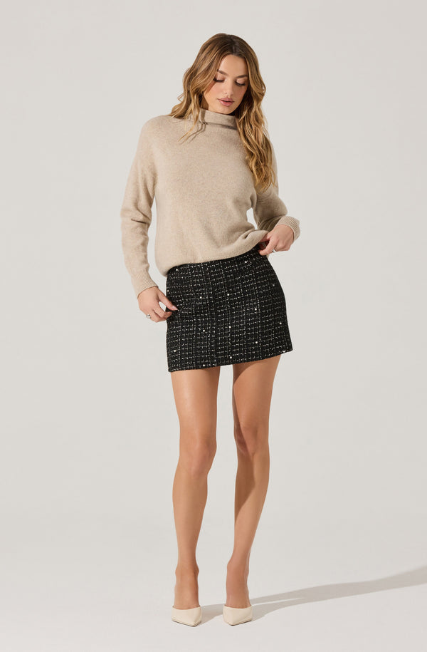 Astr The Label Laudine Pearl Detail Tweed Skirt