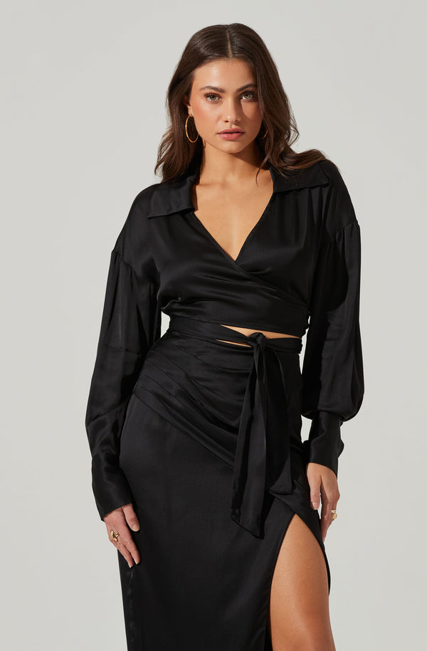 astr the label Loretta Satin Cropped Tie Waist Top