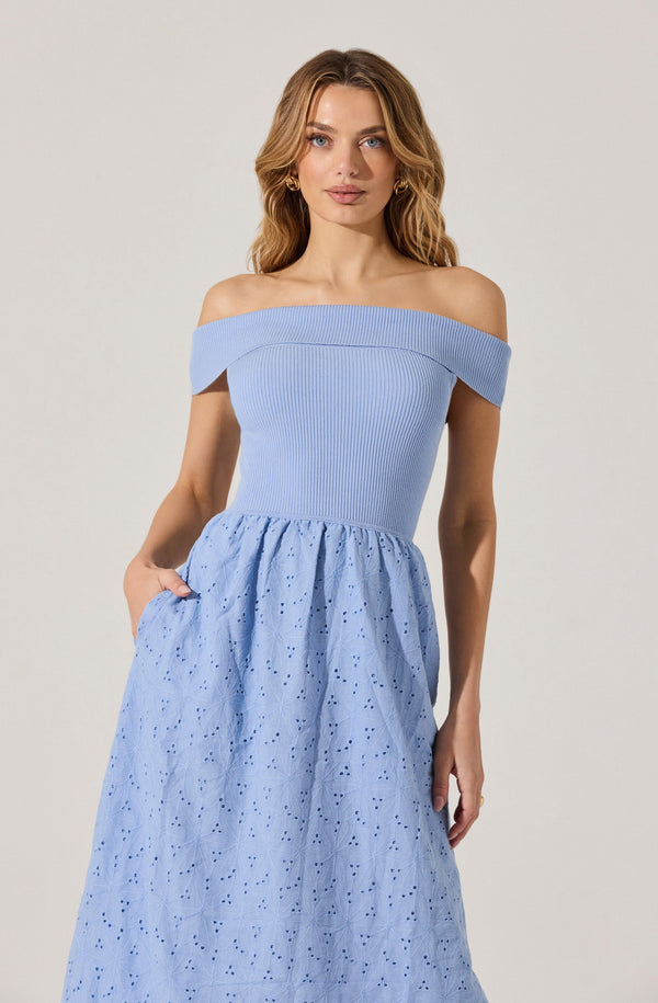 Astr The Label Off Shoulder Eyelet Midi Dress