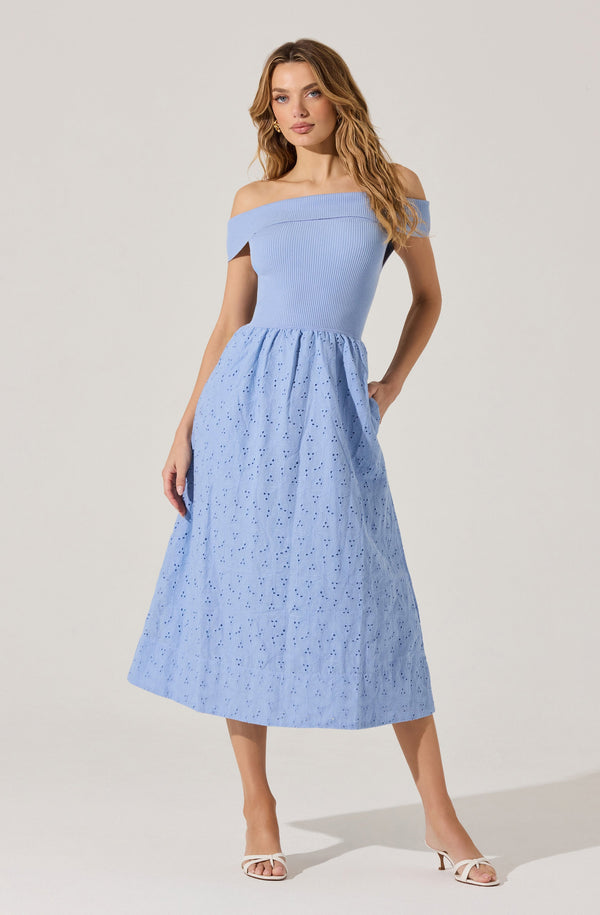 astr the label Off Shoulder Eyelet Midi Dress