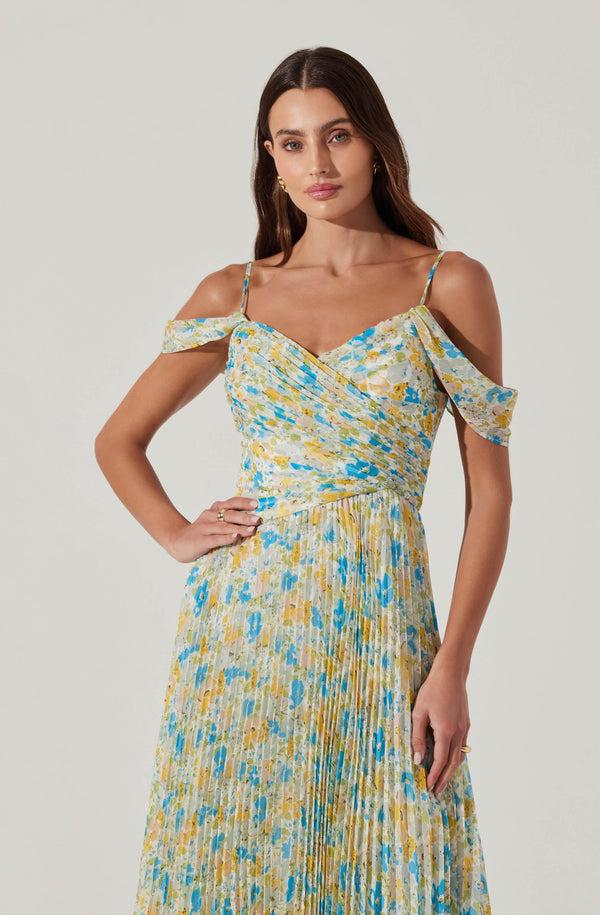 Astr The Label Pleated Cold Shoulder Midi Dress