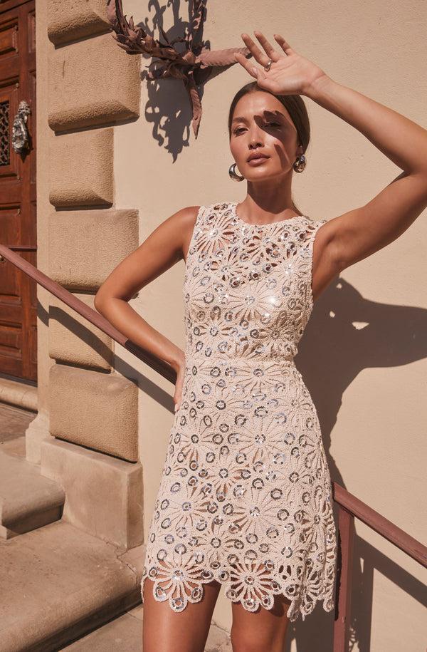 astr the label Priscila Crochet Floral Mini Dress