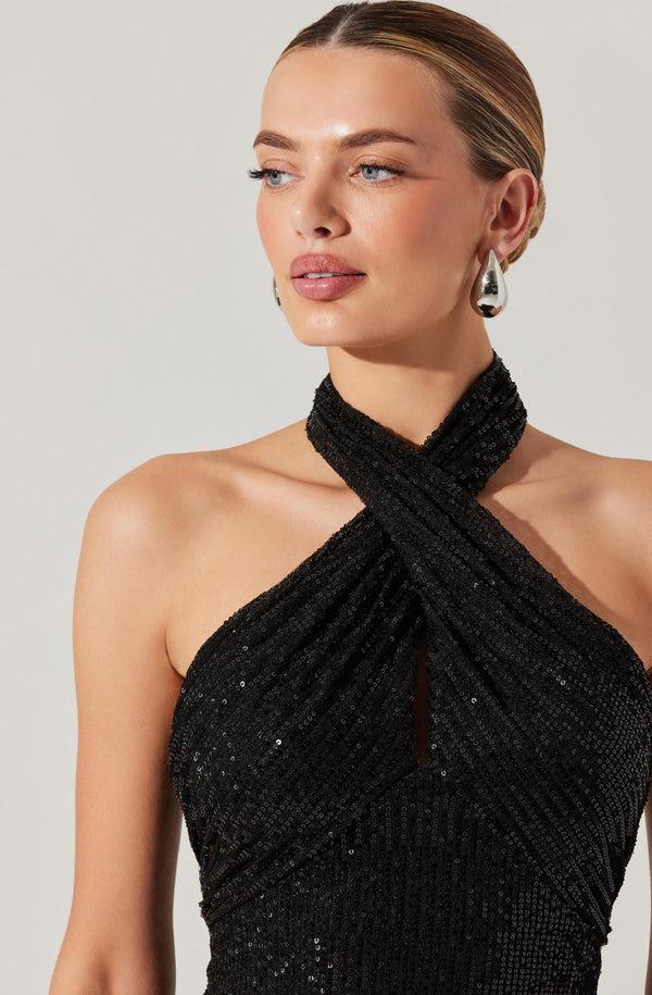 Astr The Label Sequin Crossover Halter Top