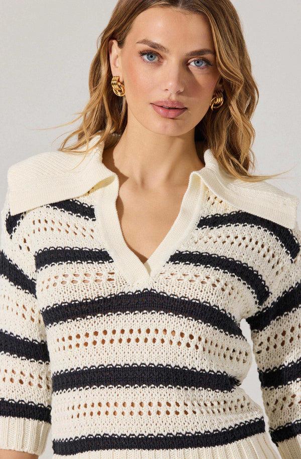 Astr The Label Striped Open Knit Polo Sweater