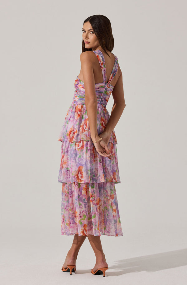 Astr The Label Tiered Floral Cutout Midi Dress
