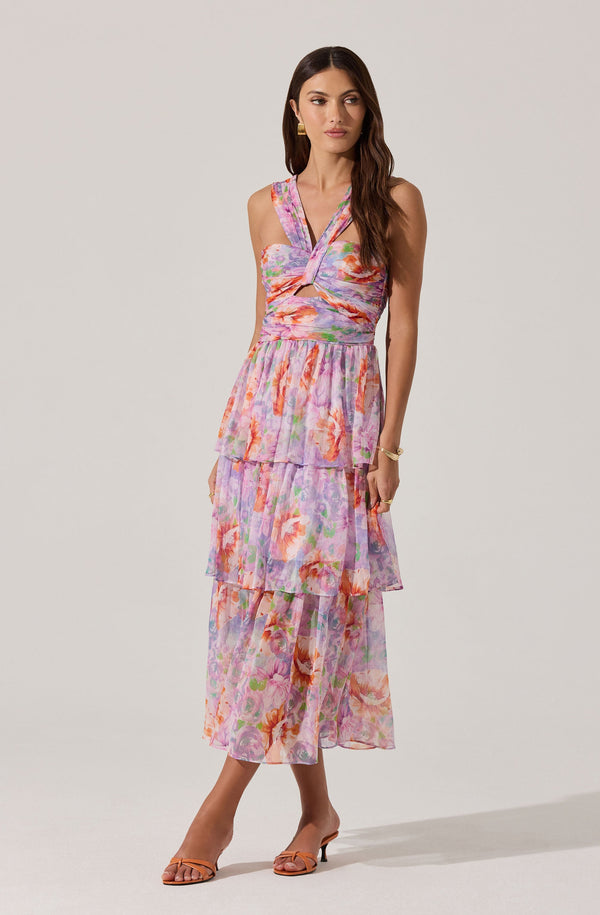 Astr The Label Tiered Floral Cutout Midi Dress