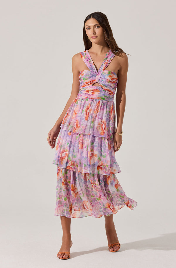 astr the label Tiered Floral Cutout Midi Dress