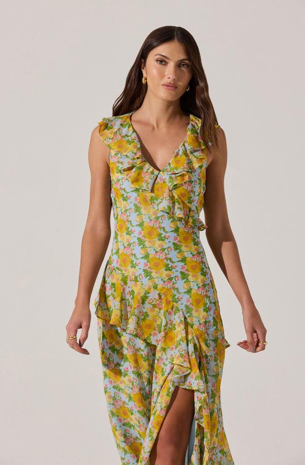 Astr The Label V-neck Floral Ruffle Midi Dress