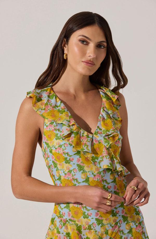 Astr The Label V-neck Floral Ruffle Midi Dress