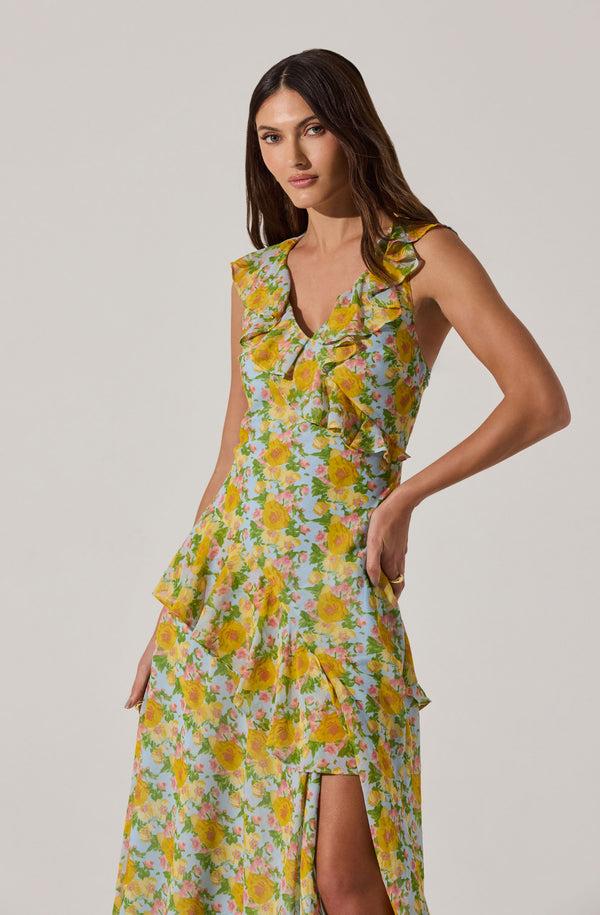 Astr The Label V-neck Floral Ruffle Midi Dress