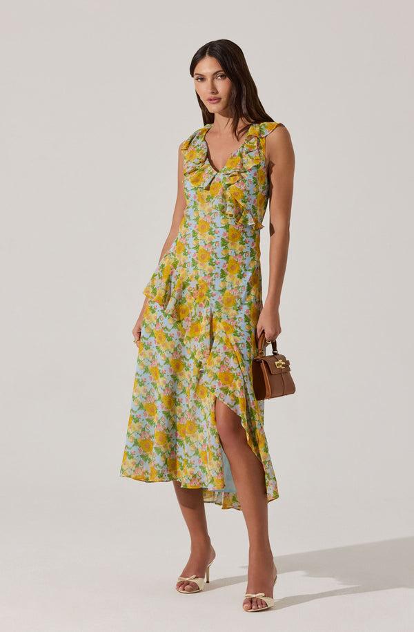 astr the label V-neck Floral Ruffle Midi Dress