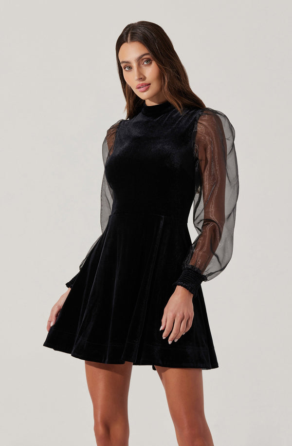 Astr The Label Velvet Sheer Puff Sleeve Dress