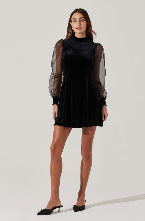 Astr The Label Velvet Sheer Puff Sleeve Dress