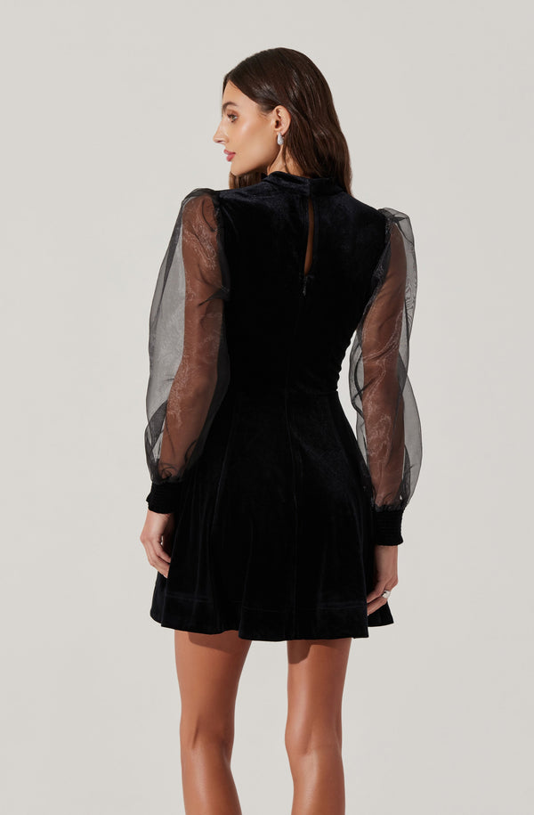 Astr The Label Velvet Sheer Puff Sleeve Dress