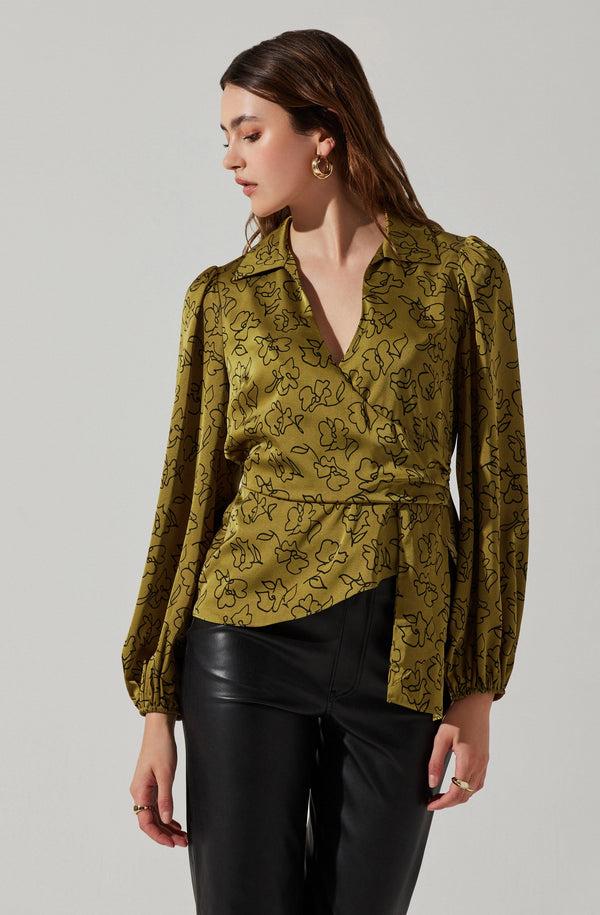 Astr The Label Asymmetrical Collared Floral Wrap Top