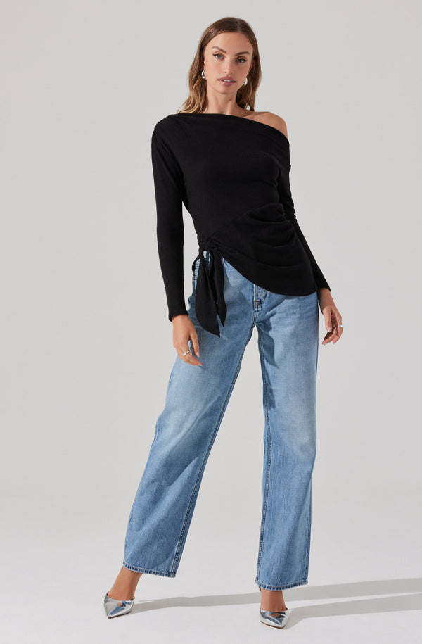 Astr The Label Asymmetrical Off Shoulder Tie Knit Top