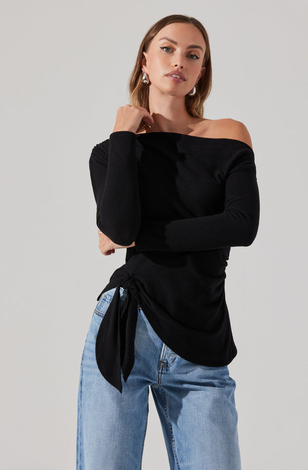 Astr The Label Asymmetrical Off Shoulder Tie Knit Top