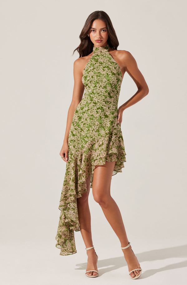 Astr The Label Asymmetrical Ruffle Hem Halter Dress