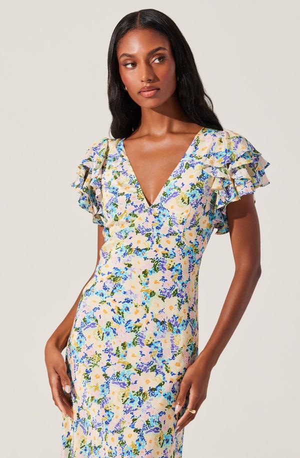 Astr The Label Celestine Floral Flutter Sleeve Midi Dress