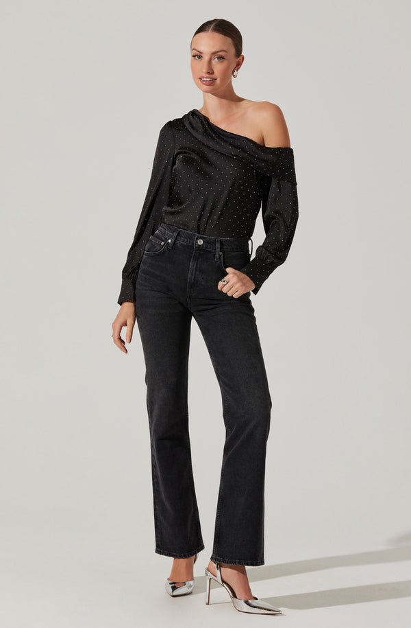 Astr The Label Ellen Satin Rhinestone One Shoulder Top