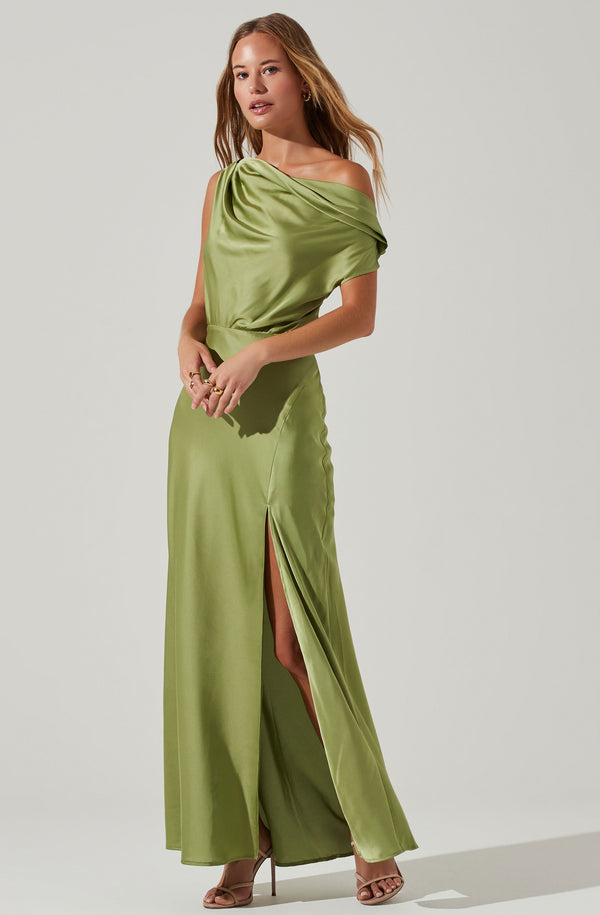astr the label Monroe Satin Off Shoulder Maxi Dress