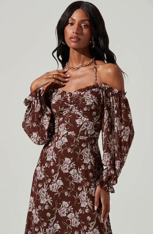 Astr The Label Off Shoulder Long Sleeve Cinched Bust Midi Dress