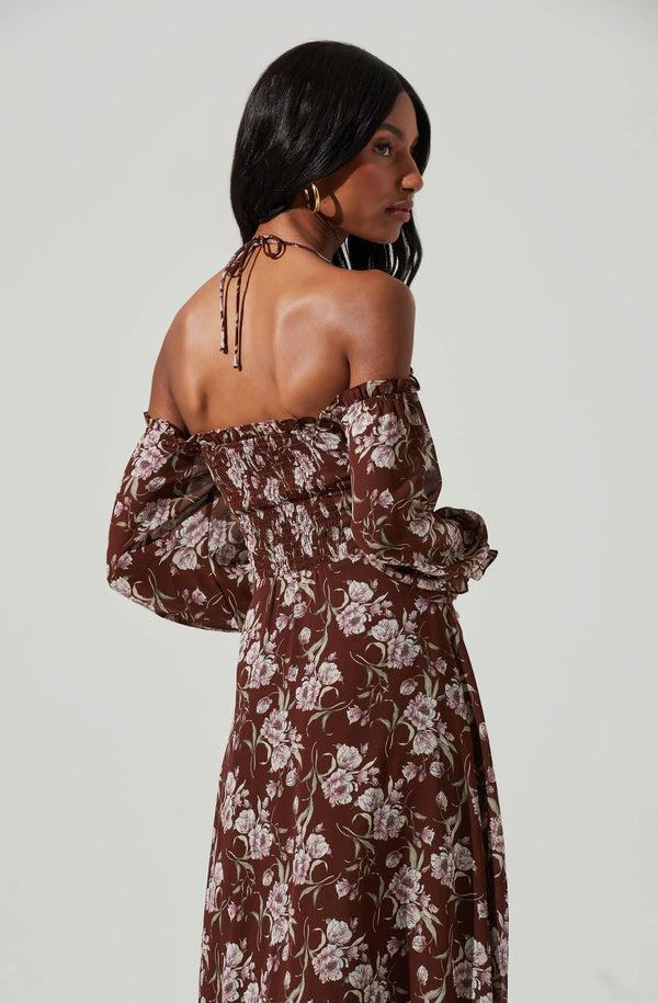 Astr The Label Off Shoulder Long Sleeve Cinched Bust Midi Dress