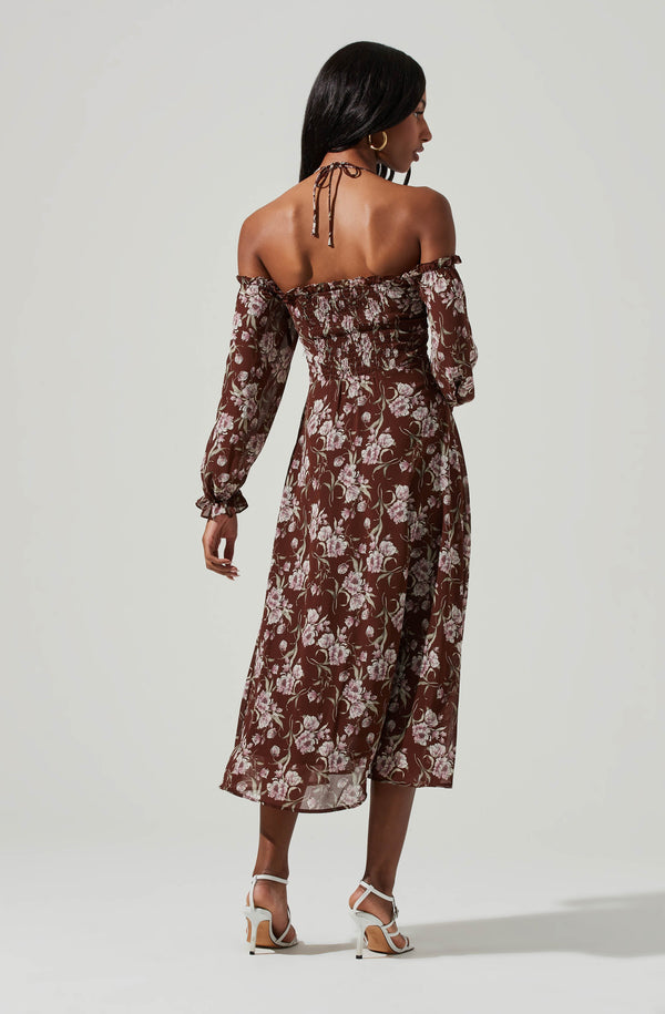 Astr The Label Off Shoulder Long Sleeve Cinched Bust Midi Dress