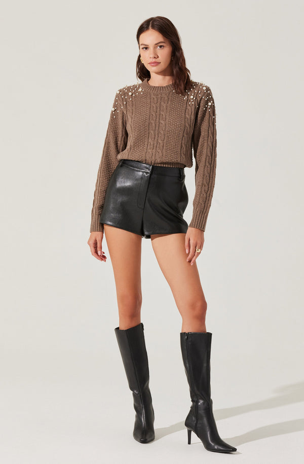 Astr The Label Pearl Embellished Cable Knit Sweater