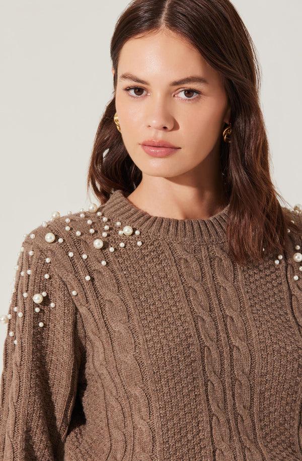 Astr The Label Pearl Embellished Cable Knit Sweater