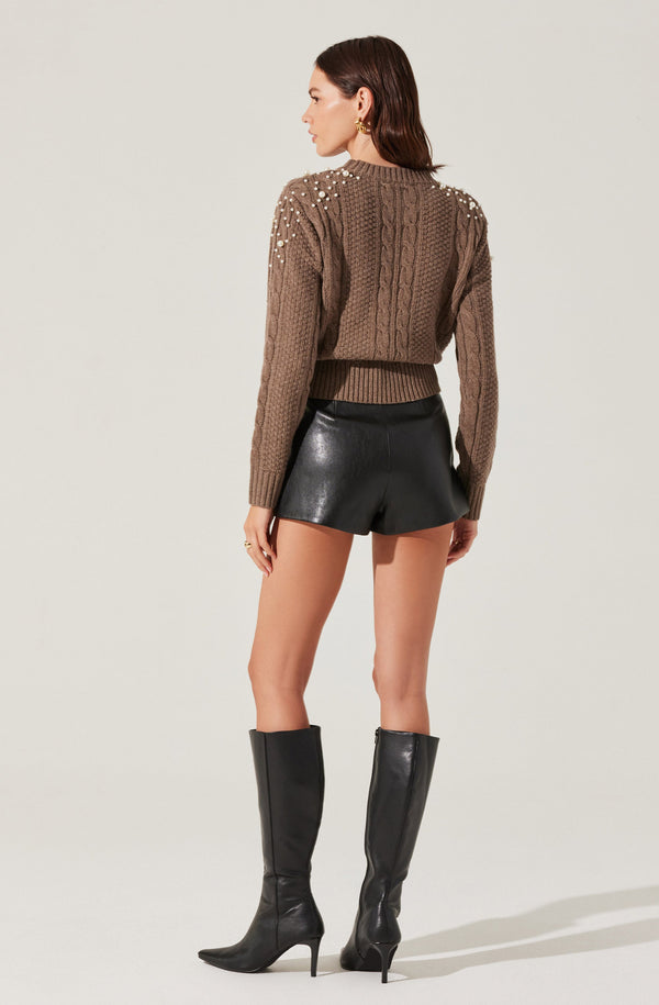 Astr The Label Pearl Embellished Cable Knit Sweater