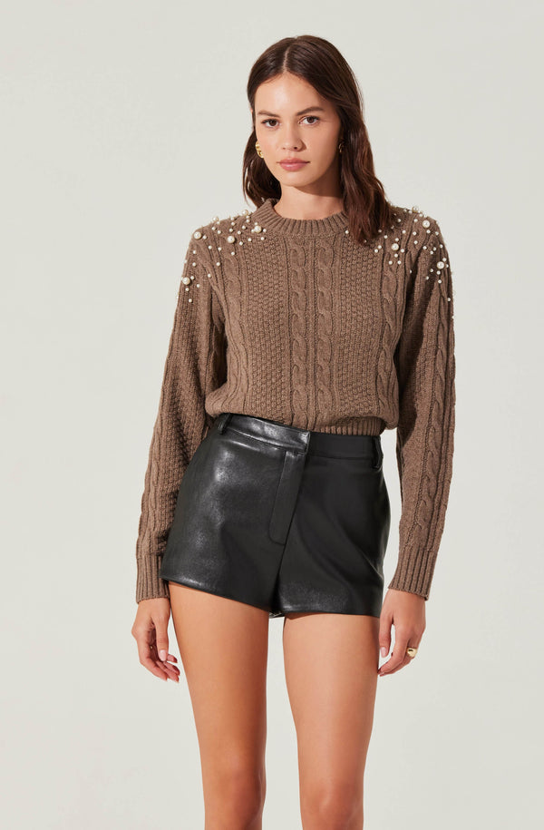 astr the label Pearl Embellished Cable Knit Sweater