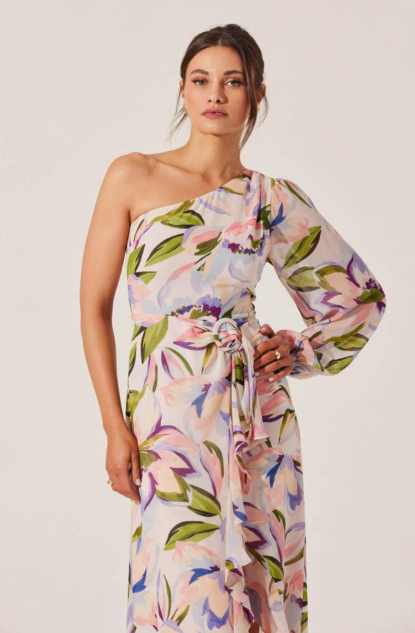 Astr The Label Sandersonia Floral One Shoulder Dress