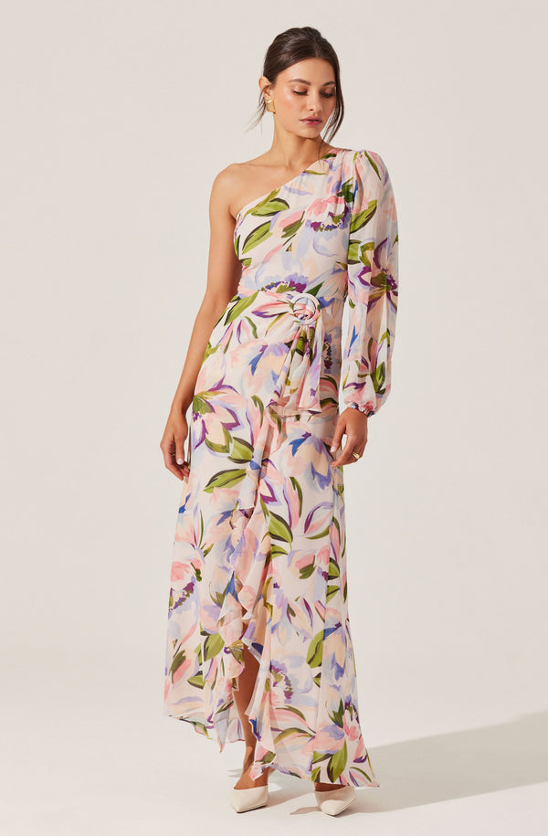 Astr The Label Sandersonia Floral One Shoulder Dress