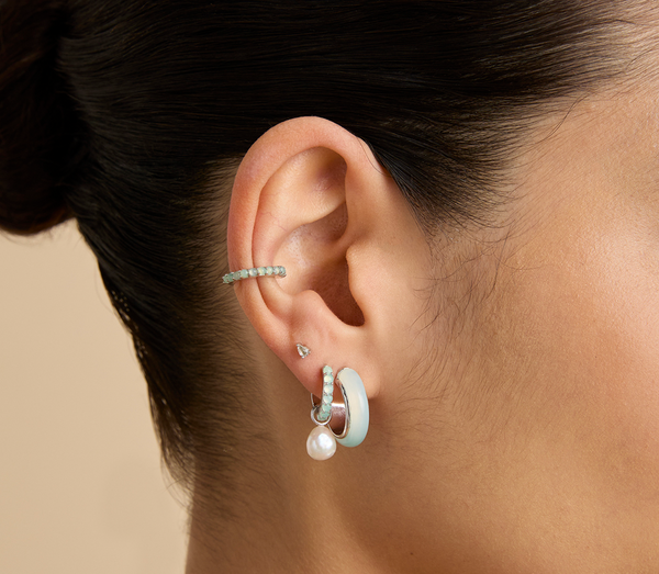 Astrid & Miyu Aqua & Pearl Charm Huggies In Silver