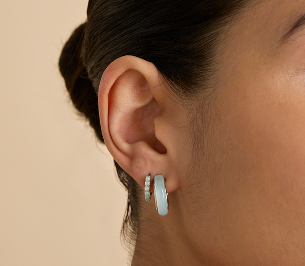 Astrid & Miyu Aqua & Pearl Charm Huggies In Silver