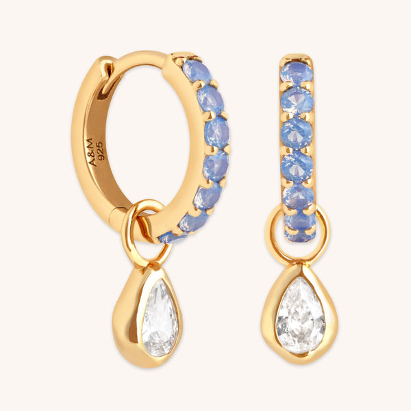 astrid & miyu Blue Pear Charm Huggies in Gold