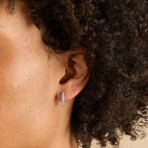 Astrid & Miyu Blue Pear Charm Huggies In Silver