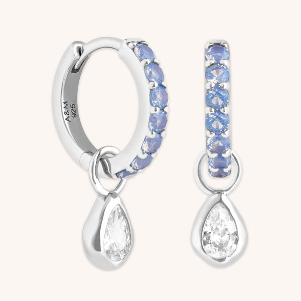 astrid & miyu Blue Pear Charm Huggies in Silver