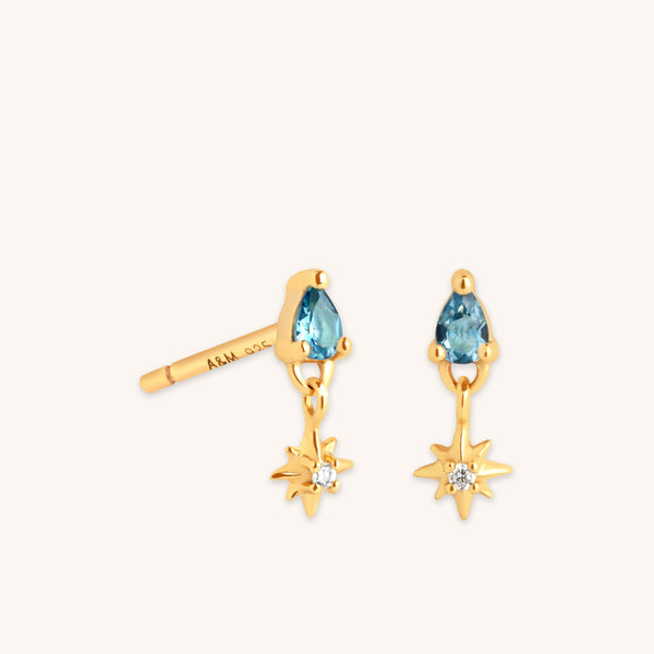 astrid & miyu Blue Topaz Star Charm Studs in Gold