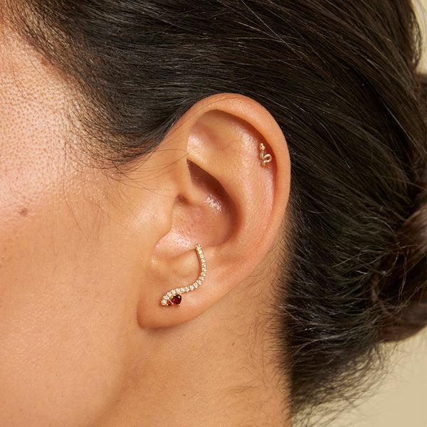 Astrid & Miyu Garnet Serpent Climber Studs In Gold