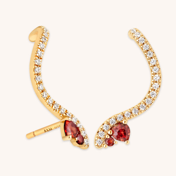 astrid & miyu Garnet Serpent Climber Studs in Gold